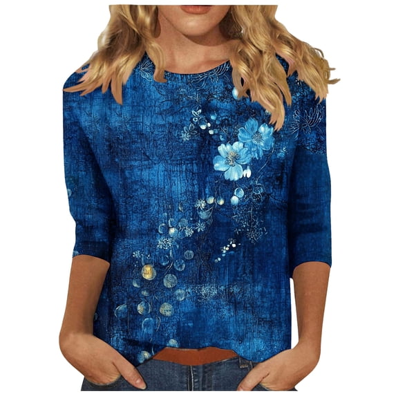 Women's T Shirts 3/4 Sleeve Plant Printed Tees Graphic Loose Summer Tops Blue A XL