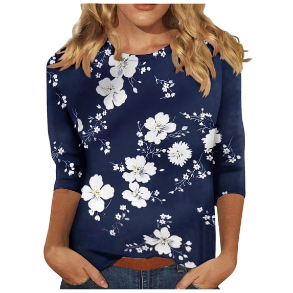 Women's T Shirts 3/4 Sleeve Plant Printed Tees Graphic Loose Summer Tops Blue XL