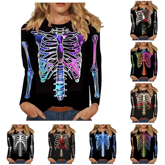 Women's T Shirts 3/4 Sleeve Tees Halloween Skeleton Print Neck T Shirt Top