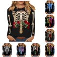 thumbnail image 1 of Women's T Shirts 3/4 Sleeve Tees Halloween Skeleton Print Neck T Shirt Top, 1 of 5