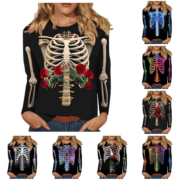 Women's T Shirts 3/4 Sleeve Tees Halloween Skeleton Print Neck T Shirt Top
