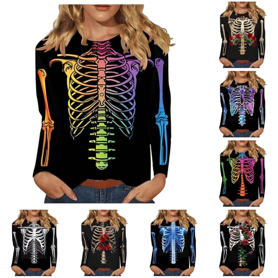Women's T Shirts 3/4 Sleeve Tees Halloween Skeleton Print Neck T Shirt Top