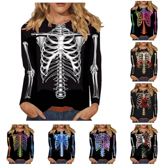 Women's T Shirts 3/4 Sleeve Tees Halloween Skeleton Print Neck T Shirt Top