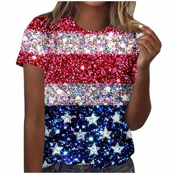 Women's T-Shirts 4th of July USA Patriotic 250 Anniversary Tees Crewneck Short Sleeve Sparkly Shiny Print Tee Tops