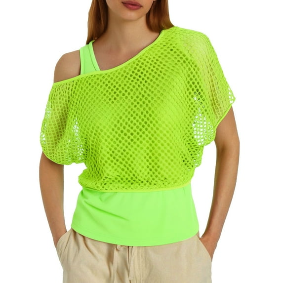 Women's T-Shirts 80s Neon Fishnet Mesh Off Shoulder Tops for Women - and Stylish Casual Wear