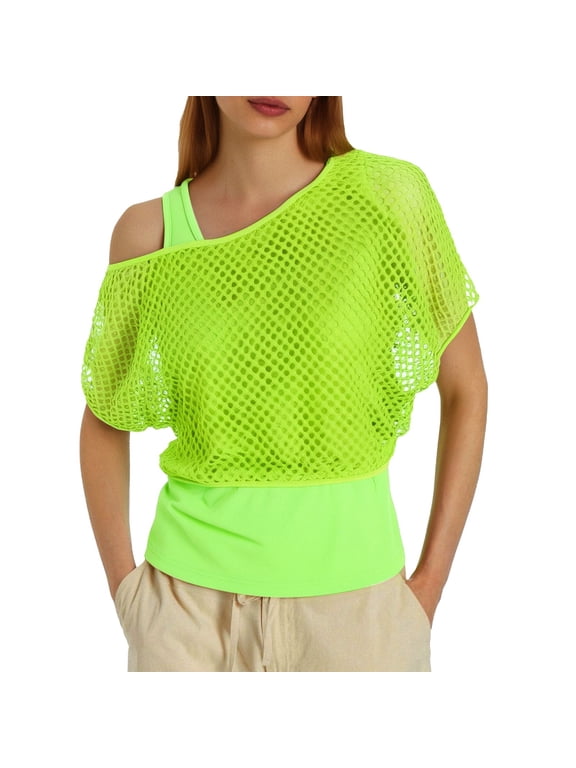 Women's 80s Neon Fishnet Mesh Top, Off Shoulder Retro Disco Blouse, Sheer See Through Party Shirt