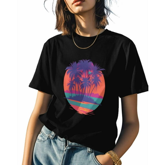 Women's T-Shirts Abstract Beach Scenery Sunset Cotton Crewneck Tee Short Sleeve Casual Tops Loose Graphic T-Shirt Black, XL