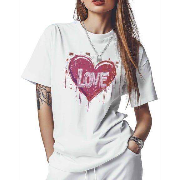 Women's T-Shirts, Abstract Heart Valentines Day Vintage Cotton Crewneck Tee Short Sleeve Casual Tops Loose Graphic T-Shirt White, 2XL