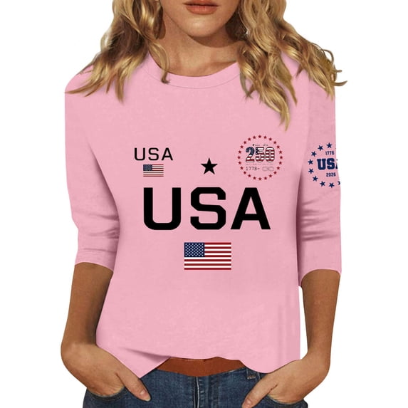Women's T-Shirts America 250 Patriotic Flag Graphic Crew Neck 3/4 Sleeve Anniversary Top