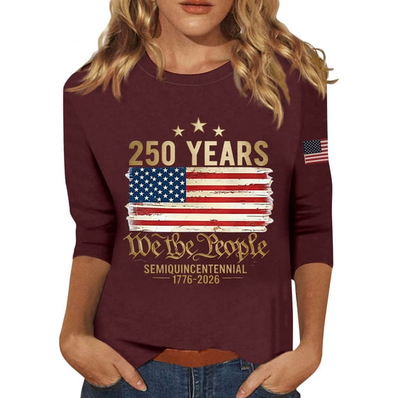 Women's T-Shirts America 250 Patriotic Flag Print Crew Neck 3/4 Sleeve 1776–2026 Anniversary Top