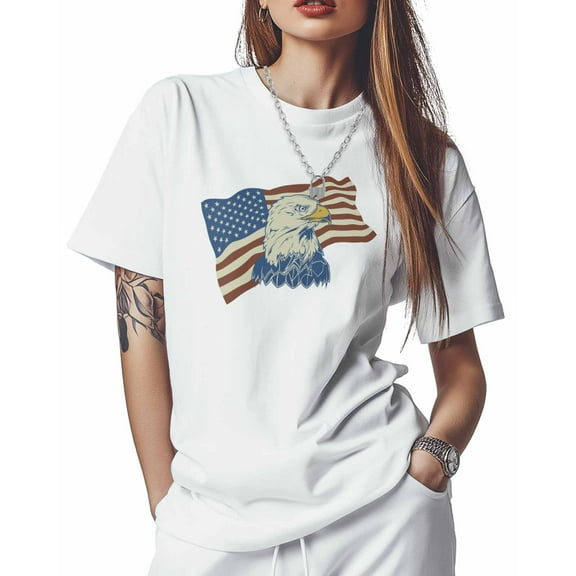 Women's T-Shirts, American Flag Bald Eagle USA Patriotic Cotton Crewneck Tee Short Sleeve Casual Tops Loose Graphic T-Shirt White, M