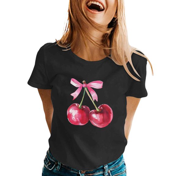 Women's T-Shirts Basic Tops Cherry Graphic Summer Short Sleeve Slim Fit Gift Clothes