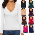 thumbnail image 1 of Women's T-Shirts Basic Tops Cross Ruched V Neck Long Sleeve Solid Casual Tight Trendy Outfits Black, 1 of 5