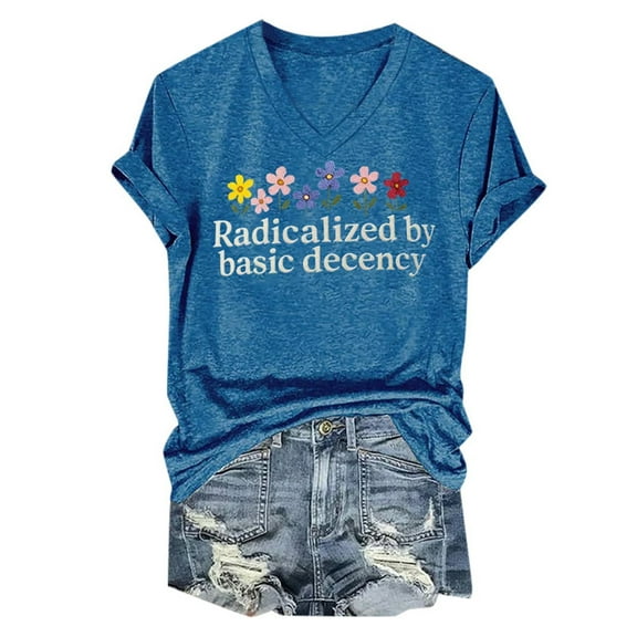 Women's T-Shirts Basic Tops Funny Letter Print V Neck Short Sleeve Summer Fall Fashion Y2K Clothes 2025