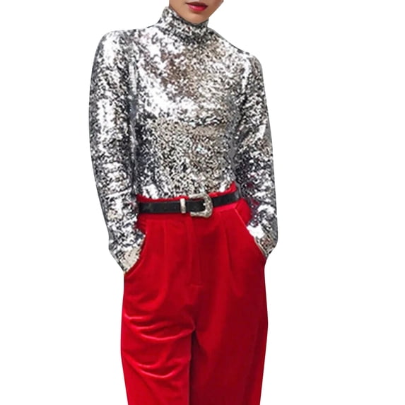 Women's T-Shirts Basic Tops Glitter Sequin Turtleneck Long Sleeve Slim Party Dressy Casual Clothes Silver