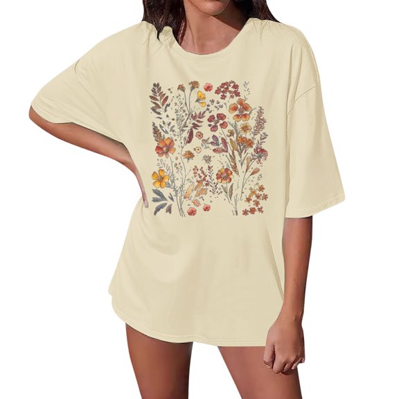 Women's T-Shirts Basic Tops Oversized Loose Short Sleeve Summer Vintage Flower Fall Fashion Y2K Clothes 2025