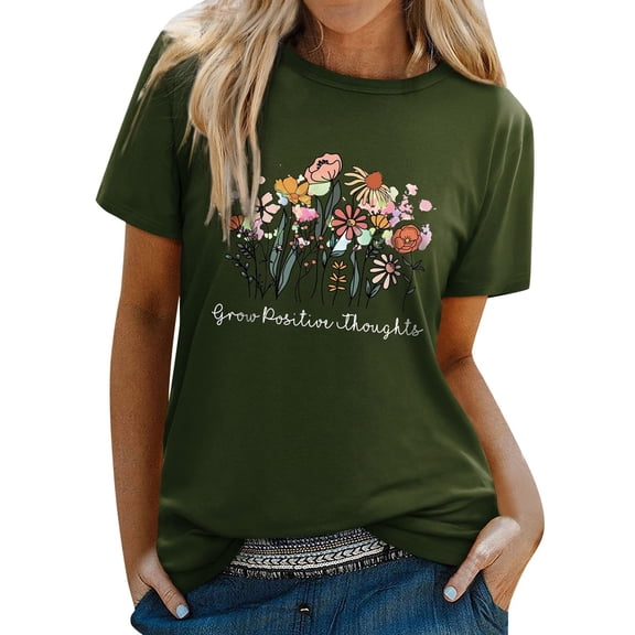 Women's T-Shirts Basic Tops Round Neck Floral Print Short Sleeve Summer Fall Winter Clothes