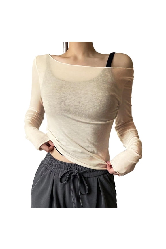 Women's T-Shirts Basic Tops Sheer Mesh Off The Shoulder Long Sleeve See Through Going Out Party Club Y2k Clothes