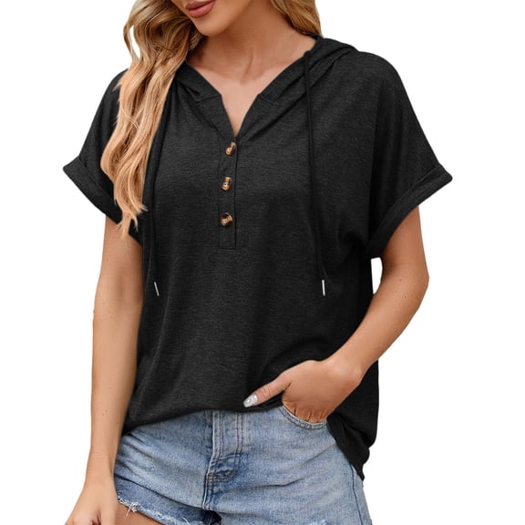 Women's T-Shirts Basic Tops Short Sleeve Summer Loose Drawstring V Neck Button Hoodie 2025 Fall Outfits