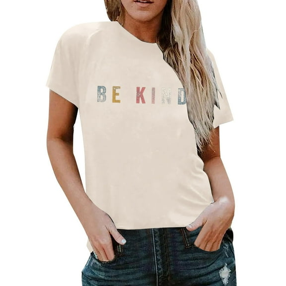 Women's T-Shirts Basic Tops Summer Cute Letter Print Short Sleeve Crewneck Basic Slim Undershirts