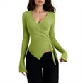 thumbnail image 1 of Women's T-Shirts Basic Tops V Neck Drawstring Versatile Long Sleeve Slim Basic Slim Undershirts, 1 of 8