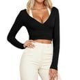 thumbnail image 1 of Women's T-Shirts Basic Tops V Neck Long Sleeve Cross Lace Up Slim Cropped Y2k Clothes, 1 of 5