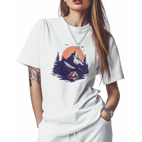 Women's T-Shirts, Camping Tent Mountain Forest Cotton Crewneck Tee Short Sleeve Casual Tops Loose Graphic T-Shirt White, L