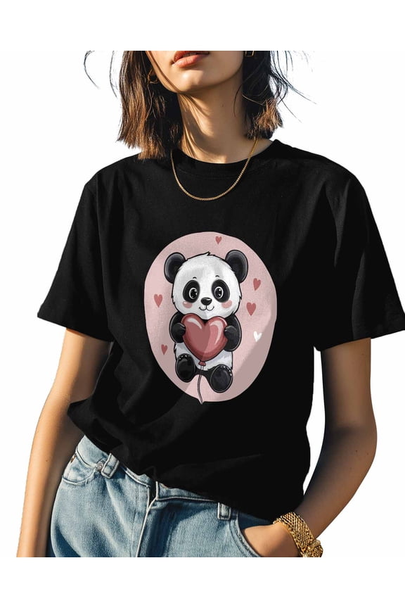 Women's T-Shirts, Cartoon Animal Panda Love Cotton Crewneck Tee Short Sleeve Casual Tops Loose Graphic T-Shirt Black, XL