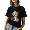 thumbnail image 1 of Women's T-Shirts, Cartoon Animal Puppy Rose Cotton Crewneck Tee Short Sleeve Casual Tops Loose Graphic T-Shirt Black, 4XL, 1 of 1