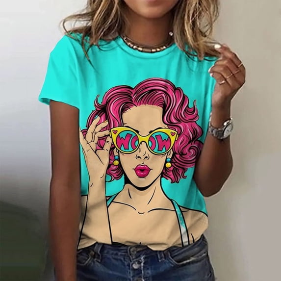 Women‘s T-Shirts Cartoon Characters Print T-Shirt Harajuku Vintage Short Sleeved Tees O Neck Funny Top Oversized Female Clothing