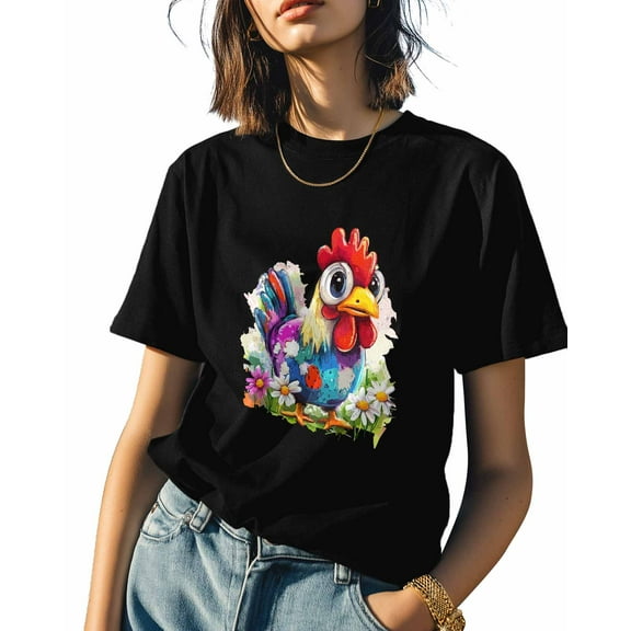 Women's T-Shirts, Cartoon Color Animal Rooster Cotton Crewneck Tee Short Sleeve Casual Tops Loose Graphic T-Shirt Black, 2XL