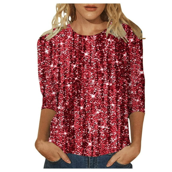 Women's T-Shirts Casual Crew Neck Sequin Effect 3/4 Length Sleeve Tops for Everyday Wear and