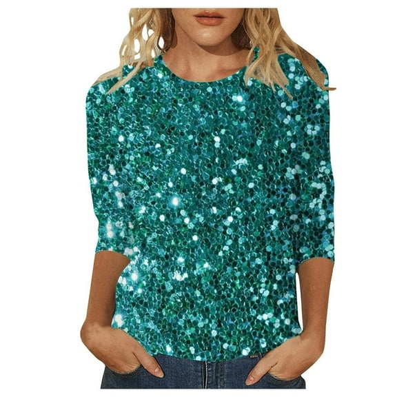Women's T-Shirts Casual Crew Neck Sequin Printed 3/4 Sleeve Top for Everyday Wear and Special Events