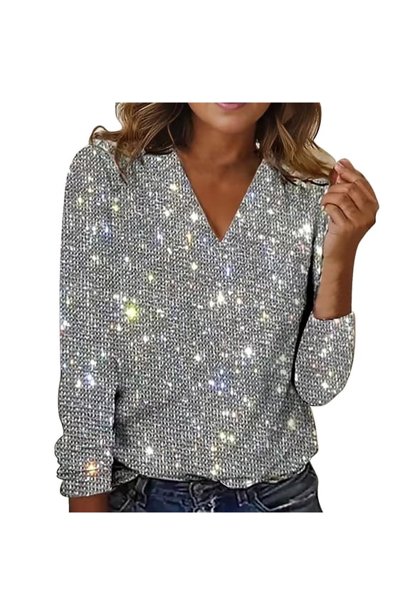Oversized Tshirts for Women Glitter Sequin V Neck Top - Long Sleeve Casual Elegant Pullover Tee Nylon Spandex Blend Night Out Style Tshirts Shirts for Women Comfort Colors Tshirt