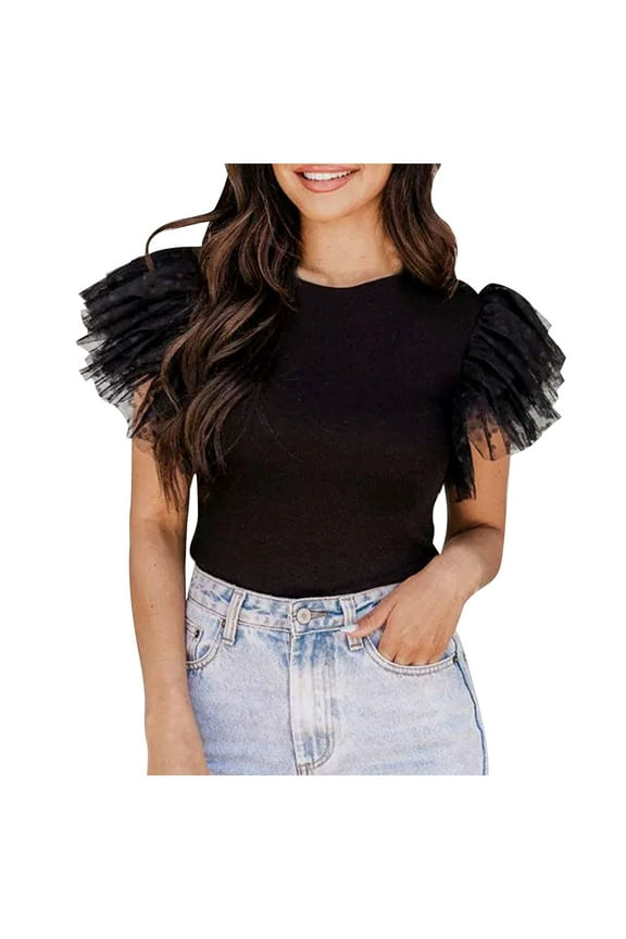 Women's T-Shirts Casual Knitted Polka Dot Mesh Ruffle Short Sleeved Round Neck Versatile Top for Women