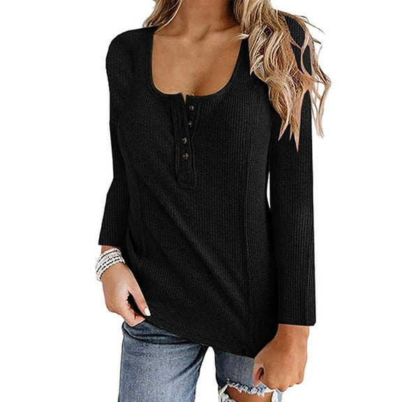 Women's T-Shirts Casual Long Sleeve Round Neck Buttons Blouse Basic Tee Top for Everyday Wear