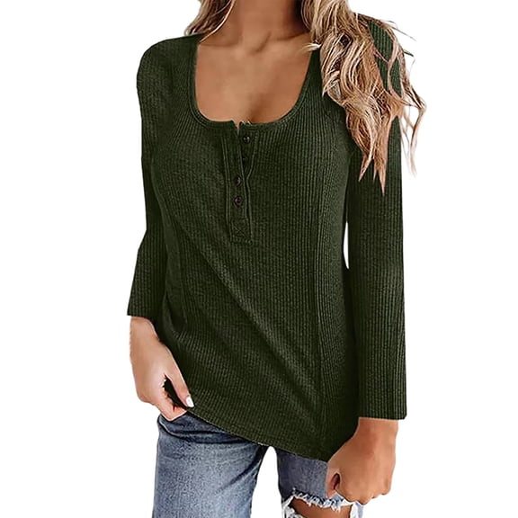 Women's T-Shirts Casual Long Sleeve Round Neck Buttons Blouse Basic Tee Top for Everyday Wear