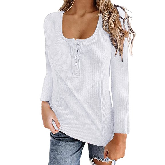 Women's T-Shirts Casual Long Sleeve Round Neck Buttons Blouse Basic Tee Top for Everyday Wear