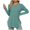 thumbnail image 1 of Women's T-Shirts Casual Long Sleeve Round Neck Side Split Basic Loose Tunic Tops for Everyday Wear, 1 of 9