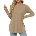thumbnail image 1 of Women's T-Shirts Casual Long Sleeve Round Neck Side Split Basic Loose Tunic Tops for Everyday Wear, 1 of 9