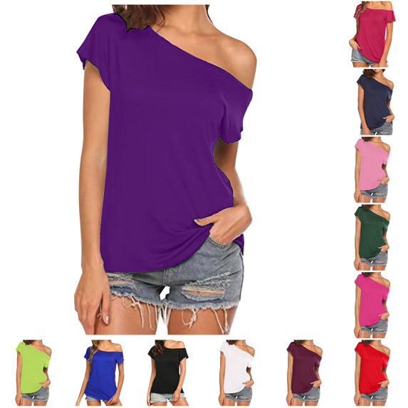 Women's T-Shirts Casual Off Shoulder Irregular Top with Short Sleeves for Everyday Wear Purple XXL