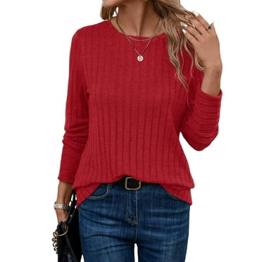 Women's T-Shirts Casual Plain Round Neck Red Long Sleeve S (4)