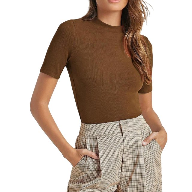 Women's TShirts Casual Plain Stand Collar Brown Short Sleeve XS (2)