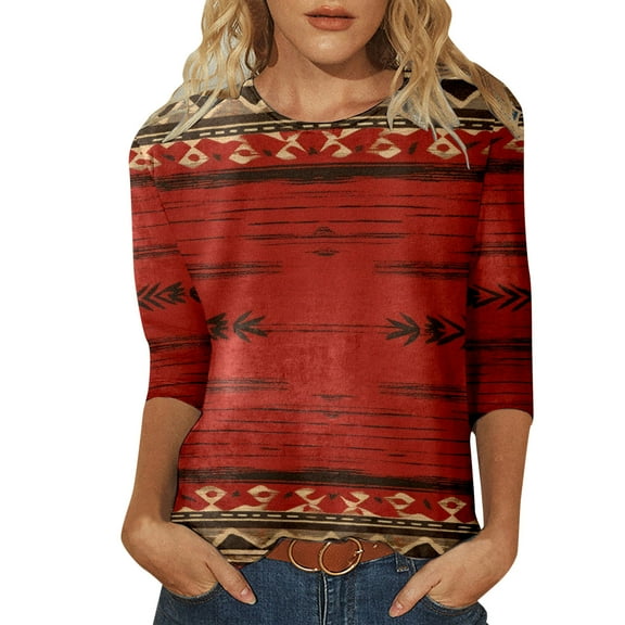 Women's T-Shirts Casual Round Neck Three Quarter Sleeve Retro Ethnic Style Printed T Shirt Top for Everyday Wear and Social Gatherings