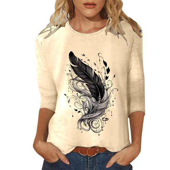 Women's T-Shirts Casual Round Neck Three Quarter Sleeve Retro Ethnic Style Printed T Shirt Top for Everyday Wear and Social Gatherings