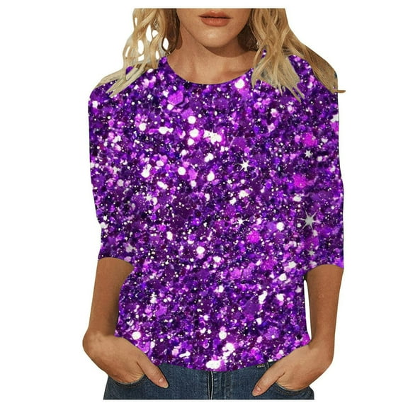 Women's T-Shirts Casual Sequin Effect Crew Neck 3/4 Length Sleeve Tops for Women