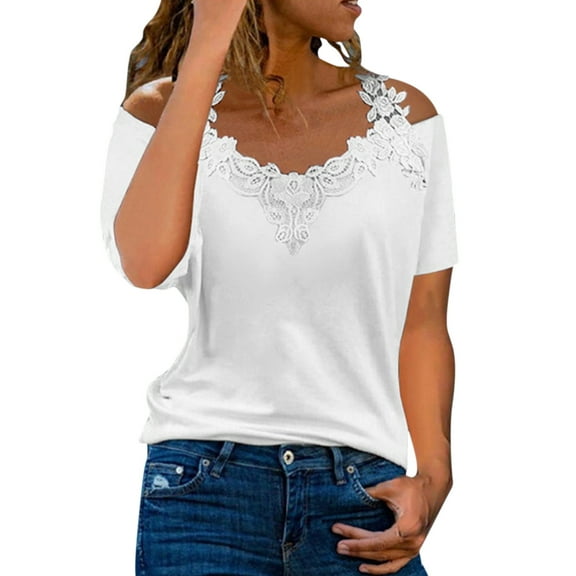 Women's T-Shirts Casual Solid Blouse Short Sleeve Sexy Tops Lace T-Shirt for Stylish Women