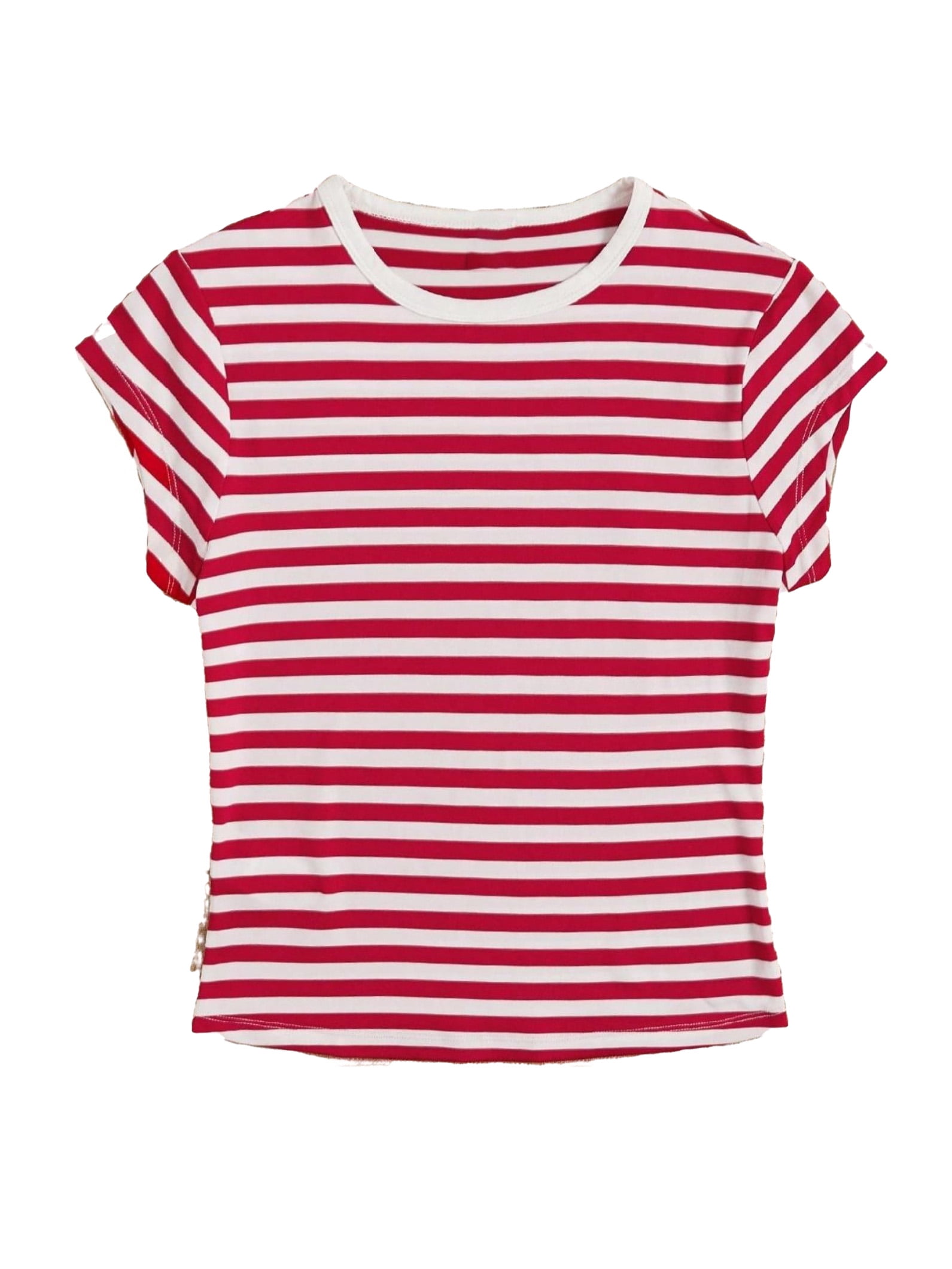 Women's TShirts Casual Striped Round Neck Red and White Sleeveless M