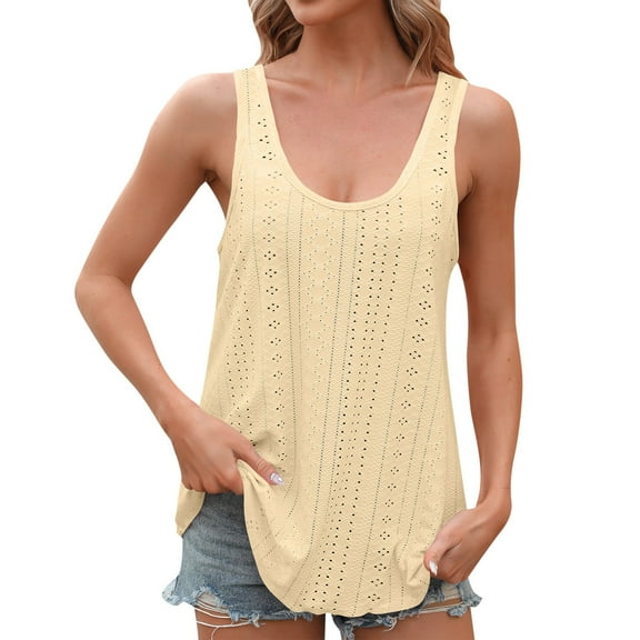 Women's T-Shirts Casual Summer Sleeveless Tank Tops with Eyelet Embroidery Loose Fit for Comfortable Everyday Wear