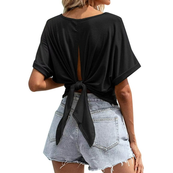 Women's T-Shirts Casual Summer Tops Solid Color Versatile Round Neck Blouse Loose Bat Short Sleeve Shirt with Back Bow Design